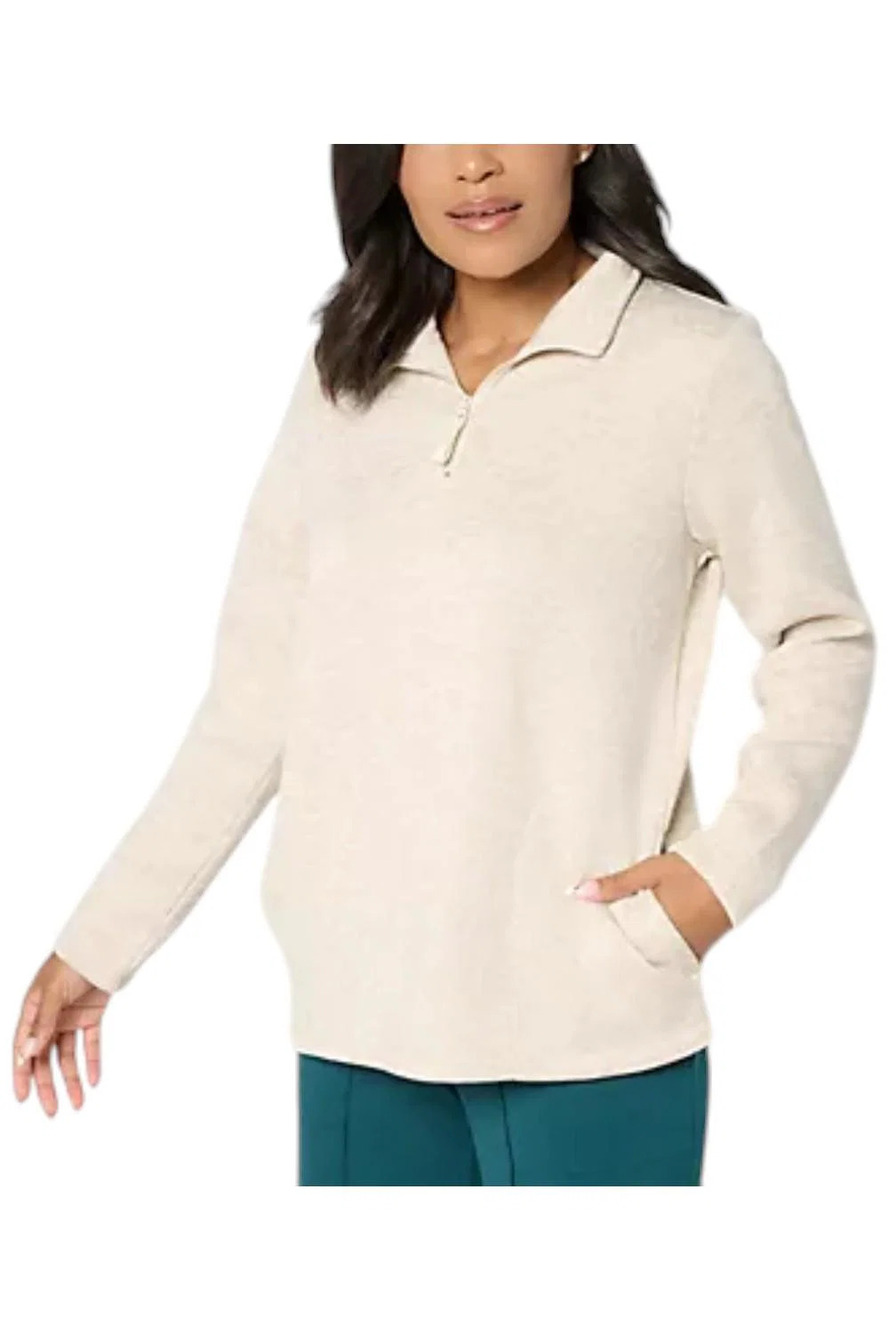 Denim & Co. Women's Active Sweater Fleece Top w/ Half Zip Nat - Regular